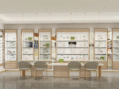 Modern Specialty Store Interior With Glass Display Shelves Product Displays And Wooden Tables 3d model