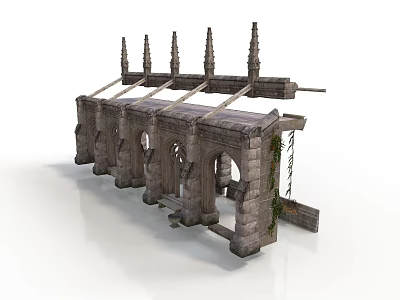 Gothic Stone Building Structure with Arched Doorways Spires and Ivy Decorative Details 3d model