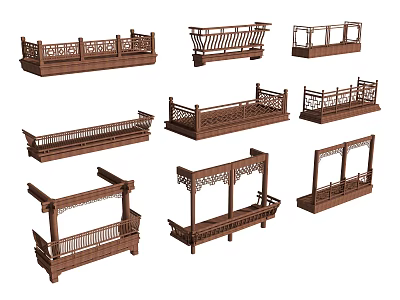 Various Styles of Traditional Wooden Architectural Components With Railings Fences And Pergolas 3d model