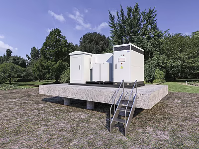 Outdoor Industrial Equipment on Concrete Platform with Metal Stairs Surrounded by Trees and Green Grass 3d model