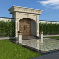 Luxurious Carved Entrance Gate With Stone Pillars Flower Pots And Green Hedge Wall