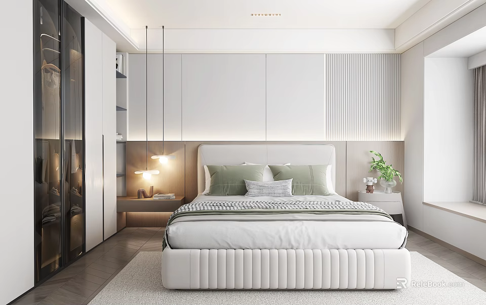 Modern Bedroom Interior Design With White Bed Green Gray Pillows Striped Wall And Glass Wardrobe 3d model 