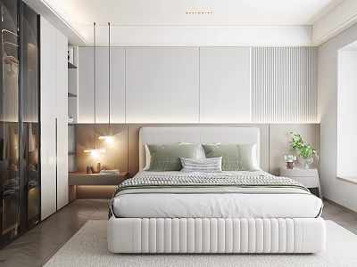 Modern Bedroom Interior Design With White Bed Green Gray Pillows Striped Wall And Glass Wardrobe 3d model