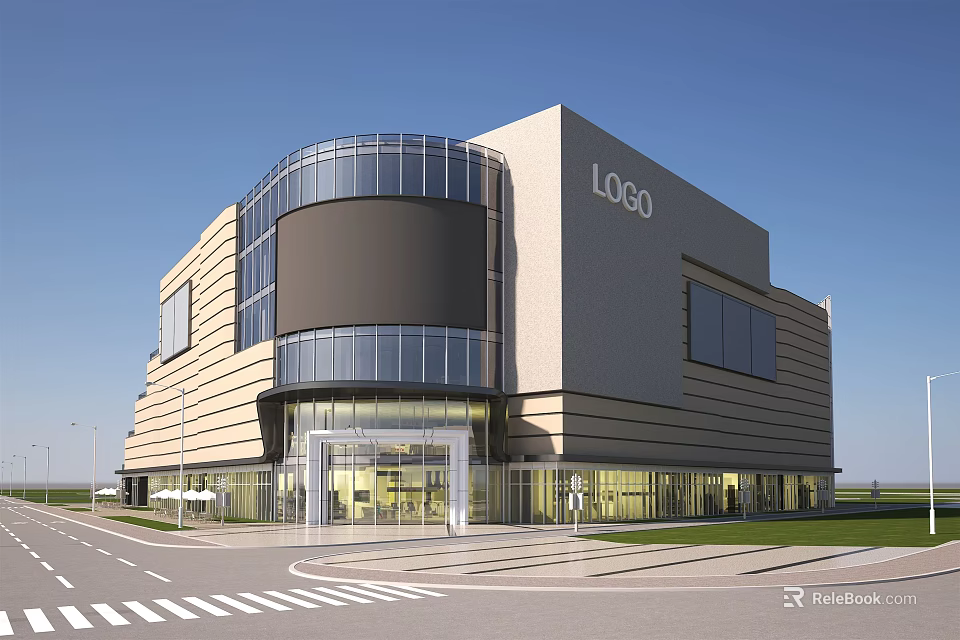 Modern Commercial Complex Architecture With Glass Curtain Wall And Curved Entrance Design 3d model 