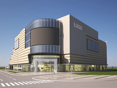 Modern Commercial Complex Architecture With Glass Curtain Wall And Curved Entrance Design 3d model
