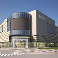 Modern Commercial Complex Architecture With Glass Curtain Wall And Curved Entrance Design