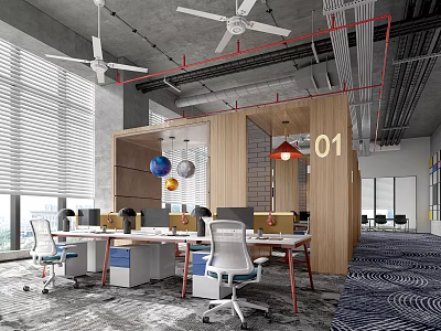 Modern Public Office Space With Open Workstations Ergonomic Chairs And Ceiling Fans 3d model