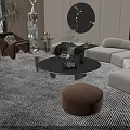 Modern White Sofa Round Coffee Table Set with Brown Accent Chairs Ottoman and Striped Rug