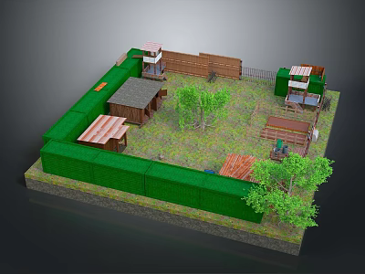 Cartoon Style Courtyard Scene With Green Fences Small Huts Red Gray Roofs Trees And Grassy Ground 3d model