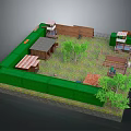 Cartoon Style Courtyard Scene With Green Fences Small Huts Red Gray Roofs Trees And Grassy Ground