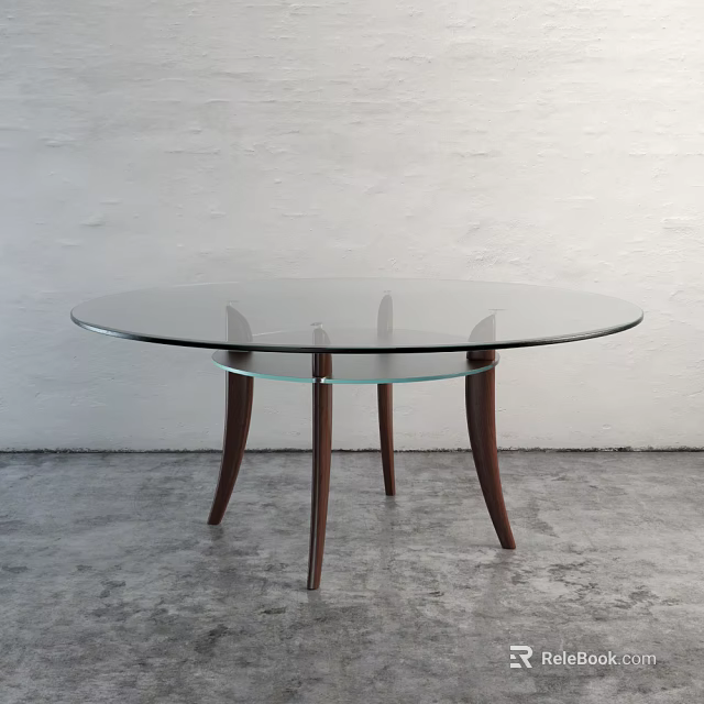 Modern Round Coffee Table With Clear Glass Top And Curved Wooden Legs Design 3d model 
