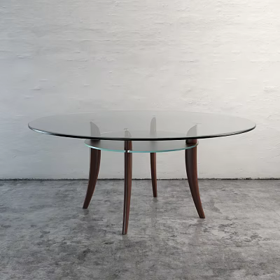 Modern Round Coffee Table With Clear Glass Top And Curved Wooden Legs Design 3d model