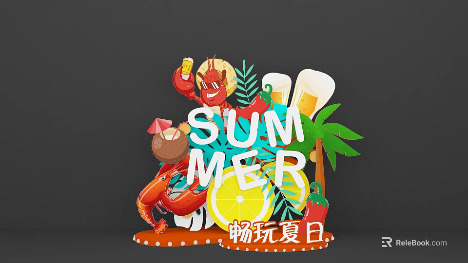 Vibrant Summer Decor Featuring Lobster Beer Coconut Lemon And Palm Leaves 3d model 