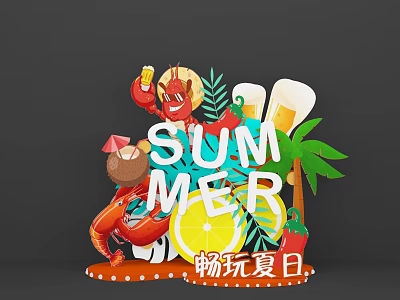 Vibrant Summer Decor Featuring Lobster Beer Coconut Lemon And Palm Leaves 3d model