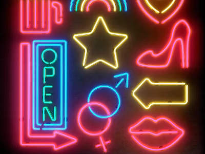 Vibrant Neon Decorative Lights with Star Arrows Lips High Heels and Rainbow Shapes 3d model