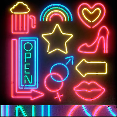 Vibrant Neon Decorative Lights with Star Arrows Lips High Heels and Rainbow Shapes 3d model