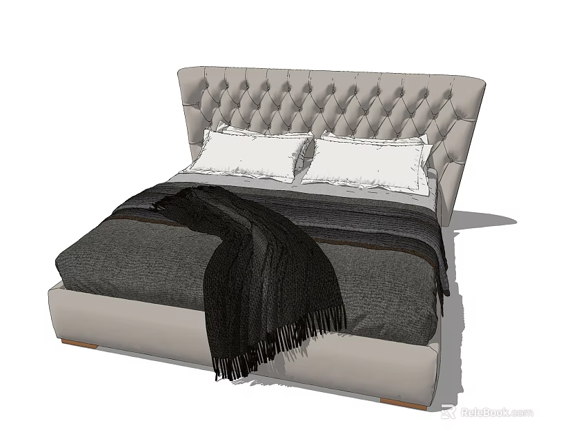 Double Bed With Gray Tufted Headboard White Pillows And Black Blanket 3d model