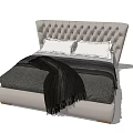 Double Bed With Gray Tufted Headboard White Pillows And Black Blanket 3d model