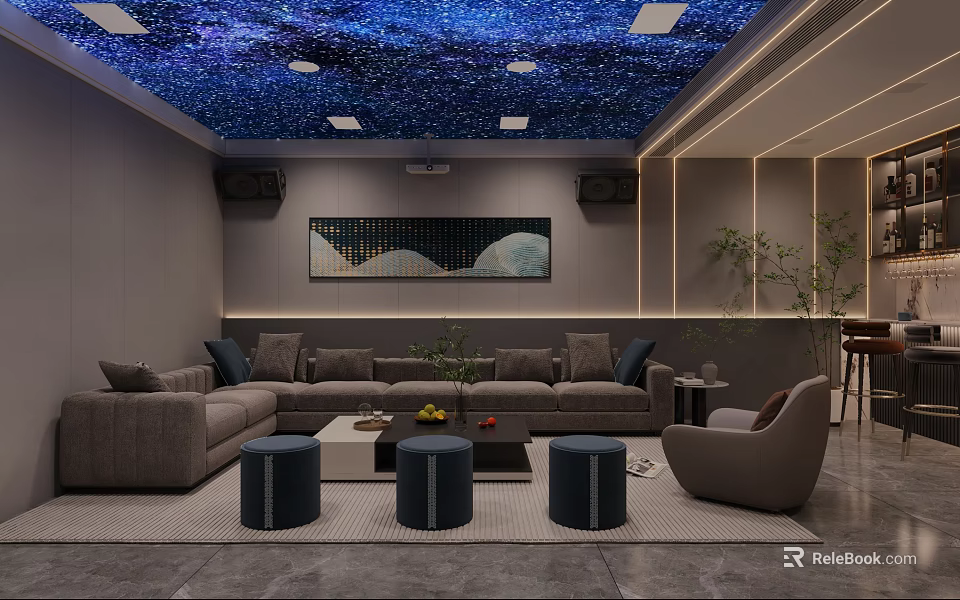 Modern Home Theater Interior With Starry Sky Ceiling Gray Sofa Green Plants And Decorative Painting 3d model 