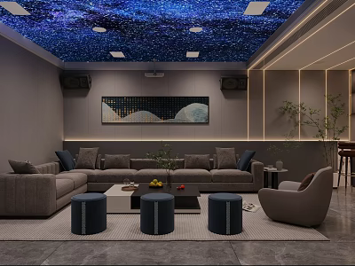 Modern Home Theater Interior With Starry Sky Ceiling Gray Sofa Green Plants And Decorative Painting 3d model