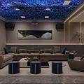 Modern Home Theater Interior With Starry Sky Ceiling Gray Sofa Green Plants And Decorative Painting