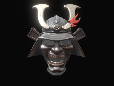 Samurai Helmet Decorative Ornament Set With Metallic Finish Horns And Red Accent 3d model
