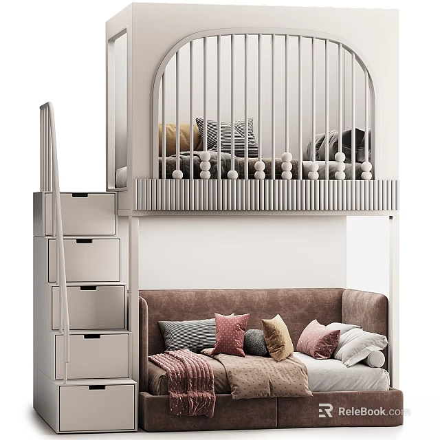 Modern Kids Loft Bed with Staircase Storage Drawers and Lower Sofa Pillows 3d model 