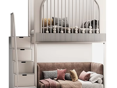 Modern Kids Loft Bed with Staircase Storage Drawers and Lower Sofa Pillows 3d model