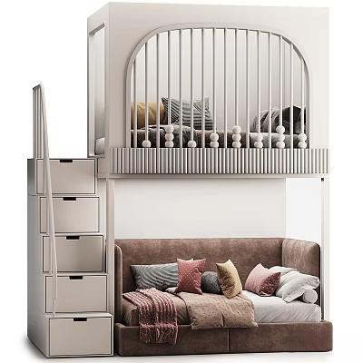 Modern Kids Loft Bed with Staircase Storage Drawers and Lower Sofa Pillows 3d model