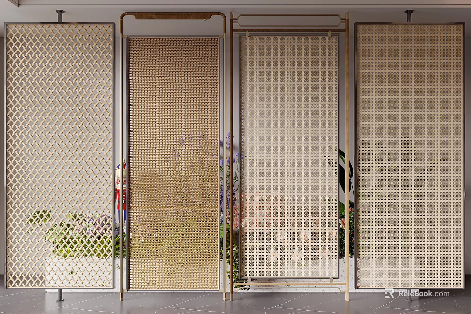 Modern Decorative Room Dividers With Intricate Patterns And Plant Accents 3d model 