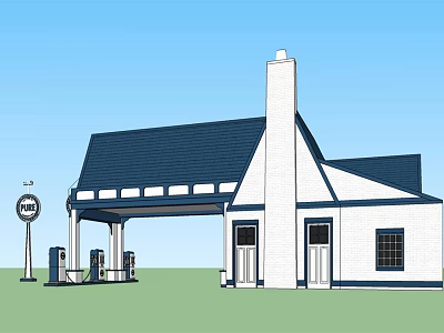 Gas Station 3D Rendering With White Building Blue Roof Chimney And Fuel Pumps 3d model