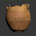 Ancient Orange Clay Sculpture Featuring Broken Rim Handles and Striped Decoration on Dark Background