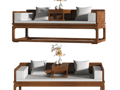 Traditional Chinese Solid Wood Daybed With Soft Cushions And Small Side Table 3d model