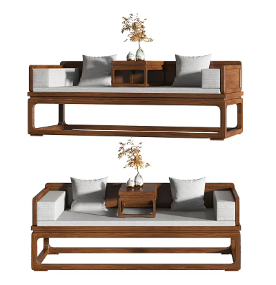 Traditional Chinese Solid Wood Daybed With Soft Cushions And Small Side Table 3d model