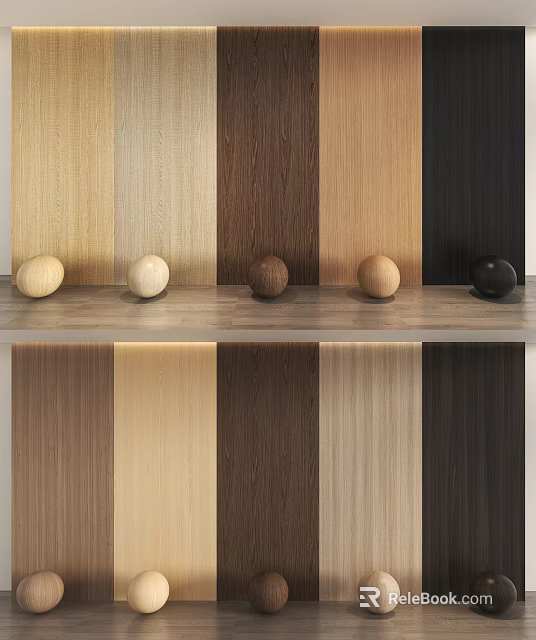 Various Wooden Wall Panels With Different Wood Tones And Decorative Balls On Display Shelf 3d model 