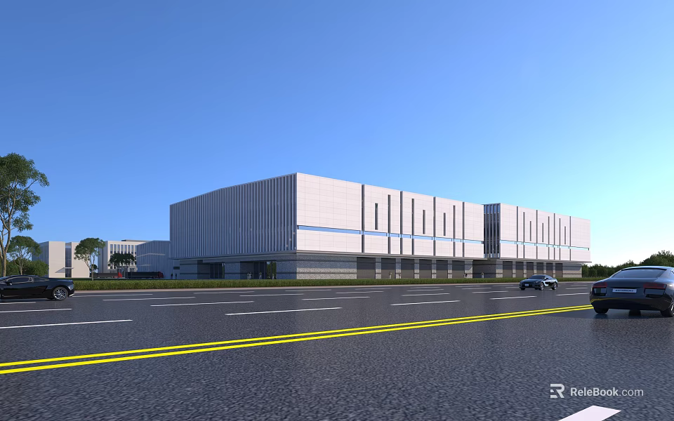 Modern Industrial Factory Building With White Exterior And Blue Stripes Along Roadside 3d model 