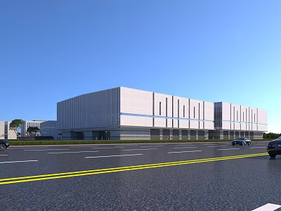 Modern Industrial Factory Building With White Exterior And Blue Stripes Along Roadside 3d model