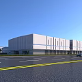 Modern Industrial Factory Building With White Exterior And Blue Stripes Along Roadside
