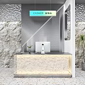 Front Desk Reception Area With Modern Design Marble Countertop Stone Wall Computer And Potted Plant