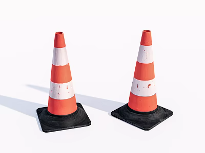 Road Traffic Cones With Orange And White Stripes And Black Bases 3d model