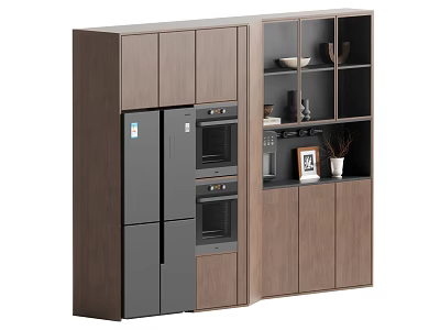 Modern Wooden Sideboard Cabinet With Grey Appliances Open Shelves And Decorative Items 3d model