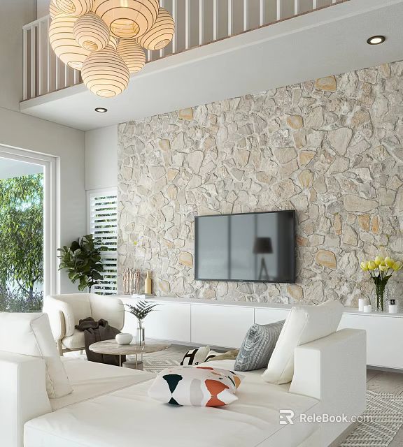 Duplex Living Room Interior With Stone Wall TV White Sofas Coffee Table And Potted Plant 3d model 