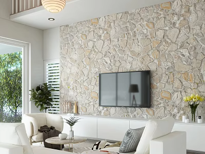 Duplex Living Room Interior With Stone Wall TV White Sofas Coffee Table And Potted Plant 3d model