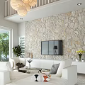 Duplex Living Room Interior With Stone Wall TV White Sofas Coffee Table And Potted Plant