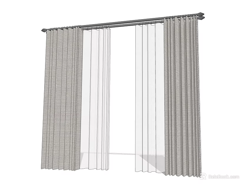 Modern Double Layer Window Curtains With Sheer And Textured Gray Panels 3d model 