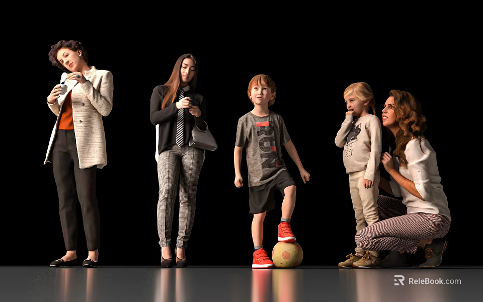 Group of Adults and Children Interacting with Soccer Ball in Studio Setting 3d model 