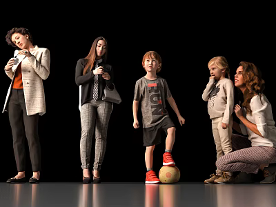 Group of Adults and Children Interacting with Soccer Ball in Studio Setting 3d model
