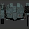 Detailed Weathered Teal Robot Mech Featuring Red Sensor Mechanical Limbs Standing On Gray Background