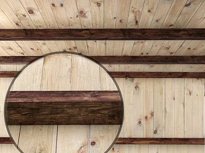Natural Wooden Ceiling Design With Rustic Beams And Pine Paneling 3d model