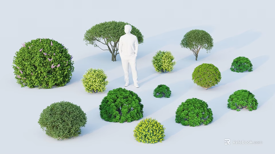 Green Shrubs With Various Shapes Different Sizes And Purple Flowers Around Human Figure Model 3d model 
